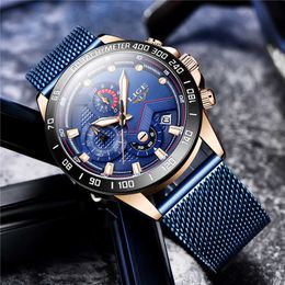 7 Days Fast Delivery LIGE Mens Watches Fashion Blue Mesh Steel Quartz Watch Men Luxury Business Waterproof Chronograph 210527