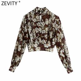 Zevity Women Vintage Stand Collar Floral Print Chiffon Smock Blouse Ladies Press Casual Short Shirts Chic Femininas Tops LS7314 210603