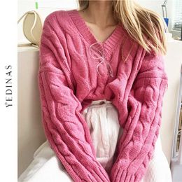 Yedinas Autumn Knitted Sweater Women Sexy Loose V-neck Oversized Warm Female Pullovers Winter Clothes Knit Tops 210527