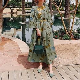 robe 3 4 UK - Casual Dresses Celmia Women Floral Print Long Dress Holiday 3 4 Sleeve Round Neck Maxi Autumn 2021 Elegant With Belt Party Vestidos Robes