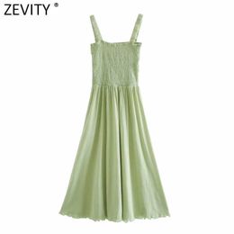 Zevity women holiday wind solid elastic sling midi dress female spaghetti strap casual slim vestido chic backless dresses DS4293 210603
