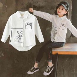 Long Sleeve Shirt for Kids Girls Cute Cat White Top Cotton Spring Children Clothing Teenage Blouse 3-12Yrs 210622