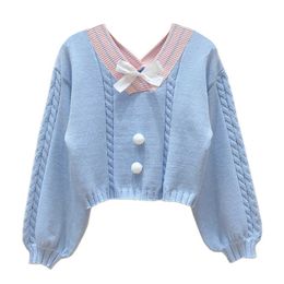 Korean Style White Knitted Sweater Women Sweet V Neck with Bow Vintage Pullover Femme Long Sleeve Knitwear Crop Top Pink Jumper 210610