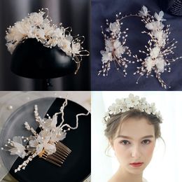 Vintage Women Crystal Pearl Hairband Leather Flower Tiara Elegant Wedding Party Jewelry Girl Hair Accessories Bride Crowns X0625