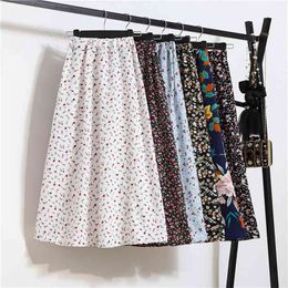 Summer Skirts Womens Vintage Floral Print Chiffon A-Link Elastic High Waist Casual Midi Clothes Jupe Plus Size 210629