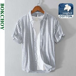 Summer and Spring Men Short Sleeve Striped Shirt Loose Cotton Casual Youth Top Workwear Khaki Blue GC-L867 210721