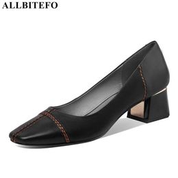 ALLBITEFO square toe genuine leather brand high heels party women shoes thick heels office ladies shoes women heels size:33-43 210611
