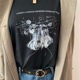 HAHAYULE-JBH There's A Whole Universe Inside My Mind Women Art Drawing T-Shirt Tumblr Cute Aesthetic Grunge Black Tee 90s 210315