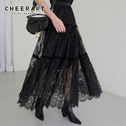 CHEERART Lace Black Midi Ladies Women High Korean Elastic Waist Long Skirt Clothes 210306