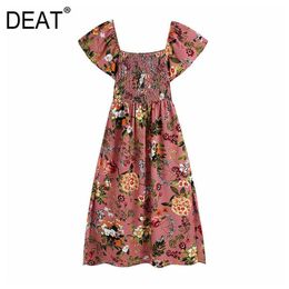 [DEAT] Summer Fashion Loose Printing Short Sleeve Knee-length High Waist Square Collar Elegant Dress Women 13Q138 210527