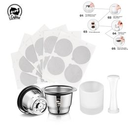 Reusable Coffee Capsule for Nespresso Stainless Steel Philtre with Foils Lid Espresso Pod with Tamper Dosing 210712
