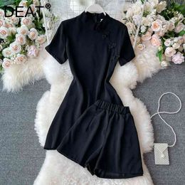DEAT summer fashion women clothes turn-down collar short sleeves high waist single breasted black dress and shorts set 210709