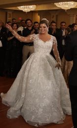 Sparkly 3D Lace Floral Princess Wedding Dresses 2022 Illusion Long Sleeve Beaded Cathedral Train African Aso Ebi Arabic Bridal Dress