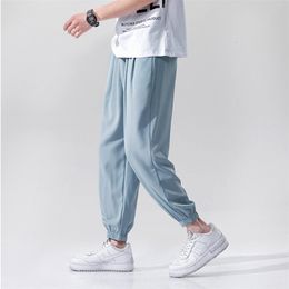 Hybskr Solid Color Men Summer Joggers Pants Ice Silk Man Casual Harem Male Basic Trousers 210715
