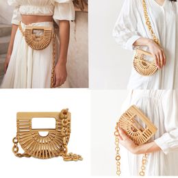 Straw Weave Shoulder Bag Waist Pack Chain Bohemia Cross Body Sling Bags Bamboo Mini Handbag Handmade Clutch Bamboos Fibre Women Handbags