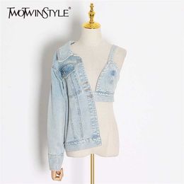 TWOTWINSTYLE Patchwork Asymmetrical Denim Coat Women Long Sleeve Off Shoulder V Neck Sexy Denim Tops Female Fashion Autumn 211014