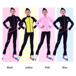 Elbow & Knee Pads Customised Figure Skating Suits Jacket And Pants Long Trousers For Girl Women Training Ice Warm Black Pink Mesh Sleeve