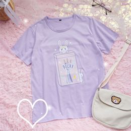 Japanese Soft Girl Summer Purple Rabbit Printed Short Sleeve T shirt Tee Students Harajuku Small Fresh Loose Kawaii T-shirt Tops 210302