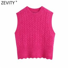 Zevity Spring Women Fashion Solid Crochet Casual Slim Knitting Sweater Female Chic O Neck Sleeveless Vest Pullovers Tops S612 210806