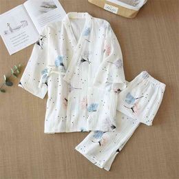Spring and Summer Pure Cotton Yarn Kimono Pyjamas V-Neck Printing Plus Size Pijama Mujer Loungewear Women 2 Piece Sleepwear 210830