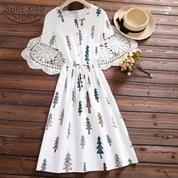 Cotton Linen Summer vintage clothing Women O-neck Tree Casual Printed Dress Short Sleeve Loose fashion 4616 50 210417