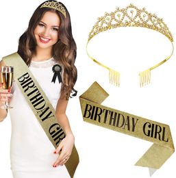 birthday sash for adults UK - Fashion Birthday Decoration Rose Gold Birthday Queen Girl Satin Sash With Crystal Crown For Women Adult 18 21th Birthday Party Supplies
