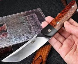 Promotion High End Survival Straight Knife M390 Tanto Satin Blade Full Tang Desert Ironwood + Carbon Fibre Handle With Leather Sheath