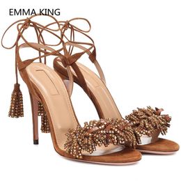brown suede shoes women Australia - Dress Shoes 2021 Sexy Lace Up Women Gladiator Sandals Crystal Tassel Thin High Heel Luxury Suede Ladies Summer Woman Brown Sandal