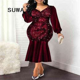 Woman Dress Spring Vintage Sexy V Neck Sequins Wedding Party Casual Plus Size High Waist Bodycon Mermaid es 5XL 210525