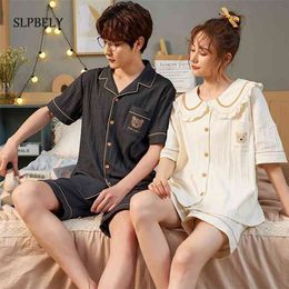 SLPBELY Couple Pyjamas Set Summer Femme Male Pyjamas Cotton Cartoon Bear Lapel Men And Women Sleepwear Pijama Lover Homewear 210809