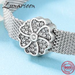 New 925 Sterling Silver Glamorous flowers Sparkling Clear CZ Clip Beads Fit Reflection Charms Bracelet For Women Jewelry Making Q0531