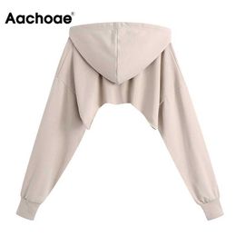 Aachoae Fashion Solid Women Crop Hoodies Sweatshirts Streetwear Batwing Long Sleeve Hooded Pullovers Irregular Hem Chic Tops Y0820