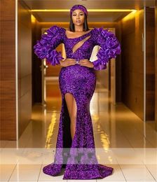 Glitter Purple Evening Luxurious Dress Side Split Mermaid Aso Ebi Prom Dresses Ruffles Long Sleeve Party Gown for Women es