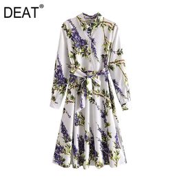 [DEAT] Spring Fashion Turn-down Collar High Waist Knee-length Sashes Long Sleeve Printing Elegant Dress 13C795 210527