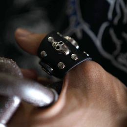-Punk para cinturón de cuero abierto cráneo cabeza diseño dedo dedo para mujeres hombres anillo fiesta joyería regalos