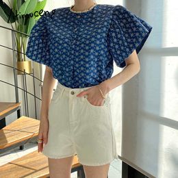 Yitimuceng Floral Blouse Women Oversized Shirts Korean Fashion Flying sleeve Office Lady Light Blue Dark Blue Tops Summer 210601