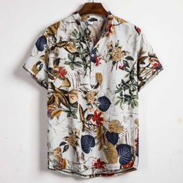 Mens Linen Shirts Vintage Flower Printed Casual Breathable Cotton Button Short Sleeve Henley Shirt 210527