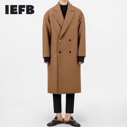 IEFB Men's Autumn Thickened Medium Long Woolen Coat Korean Fashion Loose Warm Woolen Windbreaker Style Double Breasted Coats 211122