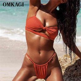 OMKAGI Brand Swimwear Women Hollow Up Thong Solid Swimsuit Sexy Push Bathing Suit Swimming Beachwear Monokini Bikini 210702