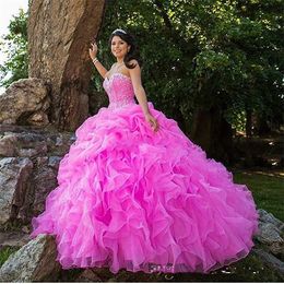 Modern Fuchsia Organza Sweetheart Quinceanera Ball With Beads Crystals Lace Up Sweet 16 Dresses 15 Year Prom Gowns