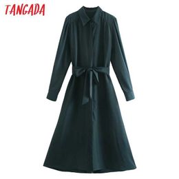 Tangada Spring Fashion Women Solid Satin Shirt Dress Long Sleeve Office Ladies Midi Dress with Slash CE180 210609