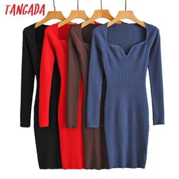 Tangada Fashion Women Solid Elegant Slim Sweater Dress Long Sleeve V Neck Office Ladies Pencil Dress LK07 210609
