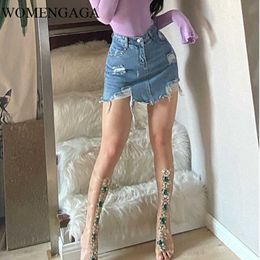 WOMENGAGA 5XL Europe Sexy Hole Tassel Retro Double Layer High Waist Mini Denim Skirt Women Girl Gift Plus Size SPL0 210603