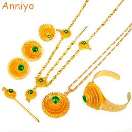 Anniyo Ethiopian Jewellery set Gold Colour Green Stone With Hair Piece Hair Pin Women Fashion Eritrea Habesha African #002117 H1022