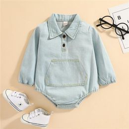 Rompers Baby Boys Girls Casual Denim Cloth Romper, Spring Fall Fashion Light Blue Solid Colour Long Sleeve Collared, 0-24 Months