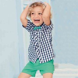 Boys clothes children plaid bow tie short sleeve + solid color shorts suit kid 2-6Y toddler boy 210528