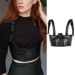 Women Harajuku Goth Punk Crop Top Faux Leather Sexy Open Cup Chest Harness Vest Buckle Zipper Suspenders Club Streetwear Camisoles & Tanks