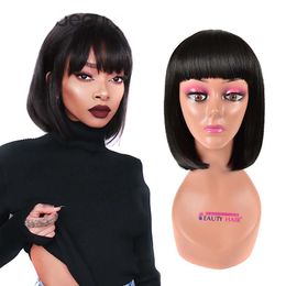 Short Straight Wigs With Bangs Synthetic Bob Wigs 12inches For Women Heat Resistant Natural Black Hair Daily Use Fashion Iconfactory direct