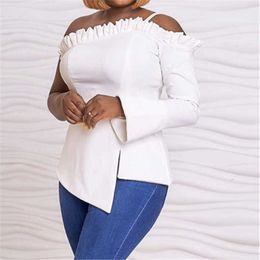 Women Sexy Blouses Tops Off Shoulder Ruffles Irregular Single Sleeves Party Shirts Ladies Fashion Club Occasion Event Plus Size 210527