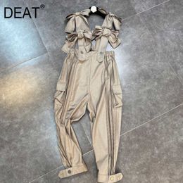 DEAT Women Jumpsuit Solid Color Fashion Spring Summer Ladies Bowtie Pocket Loose Jumpsuit HR419 210709